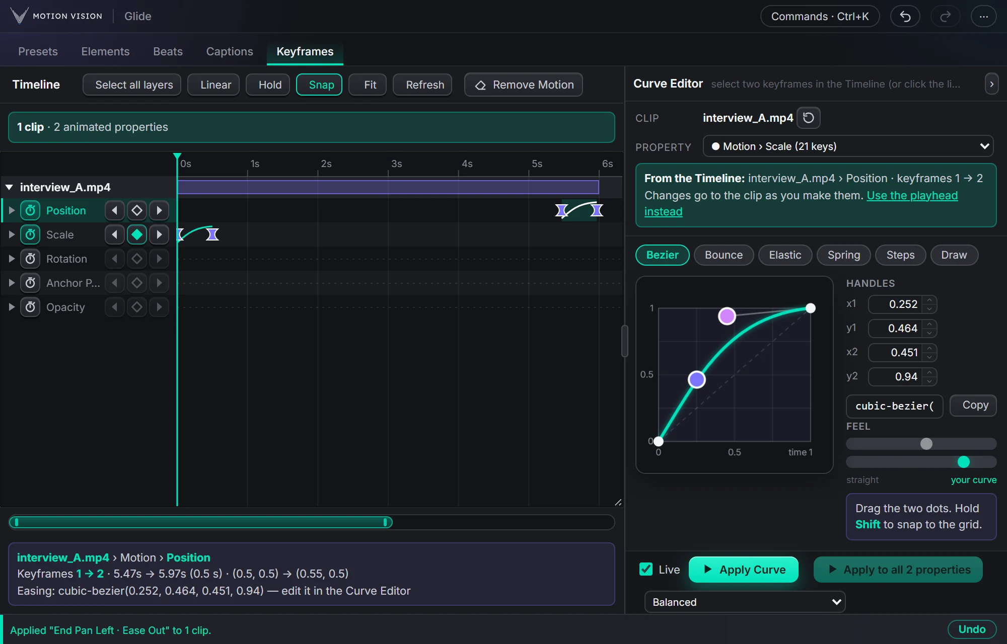 Click a stretch: its curve opens beside the Timeline, live