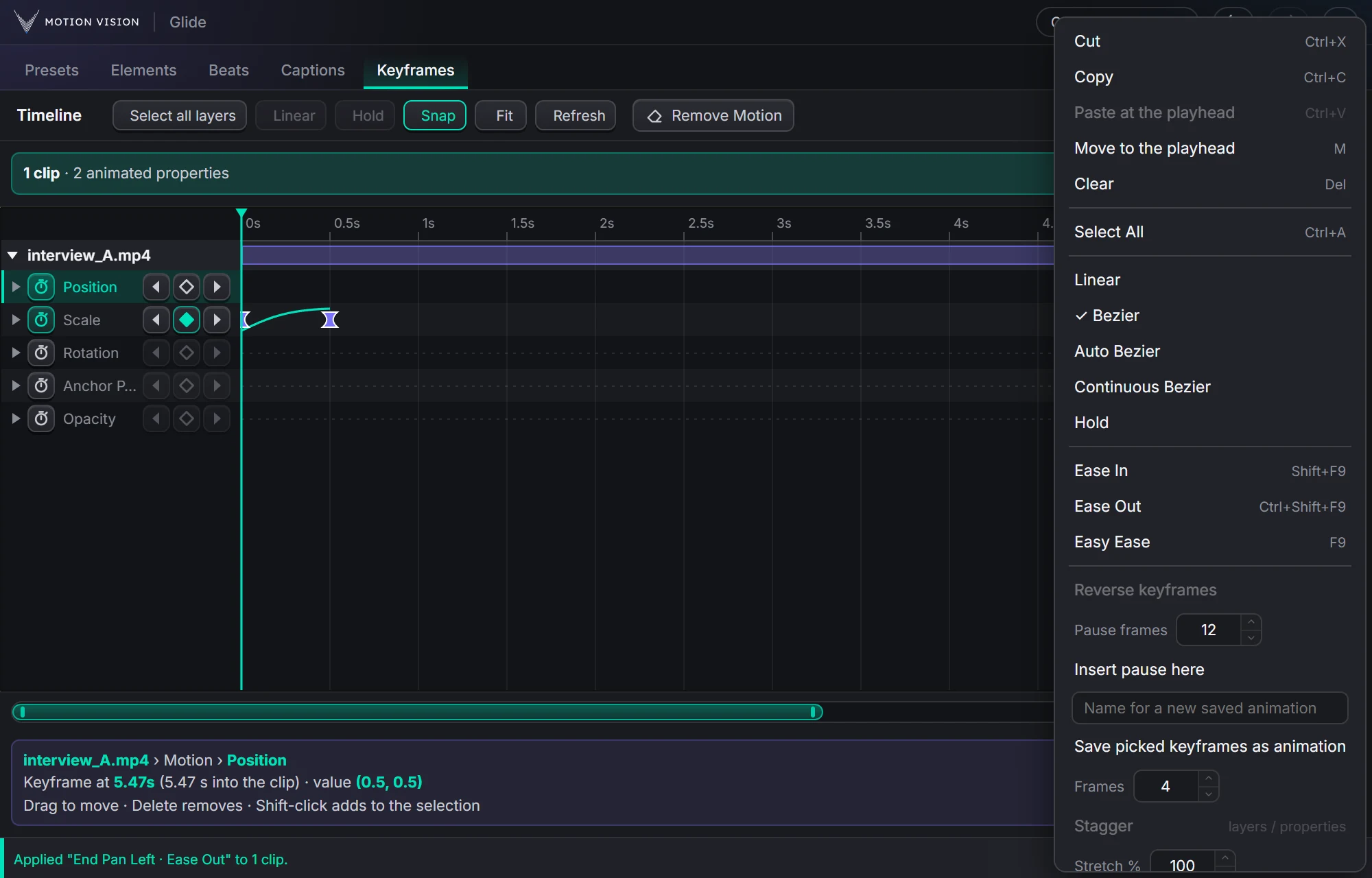 Right-click a keyframe: cut, copy, paste; Linear, Bezier, Auto and Continuous Bezier, Hold; Ease In, Ease Out, Easy Ease; reverse, insert a pause, save as an animation, stagger, stretch