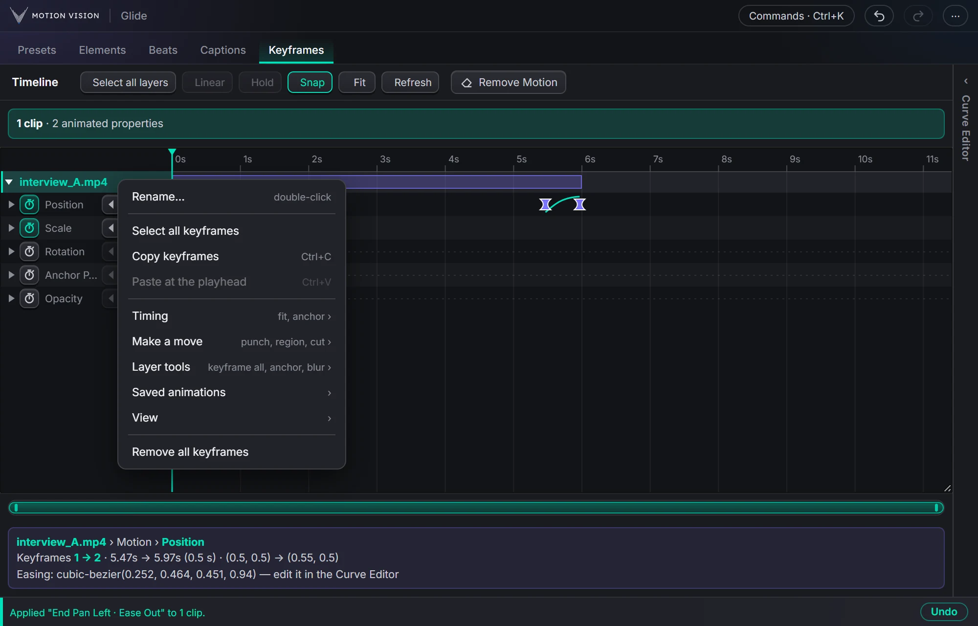 The layer menu: keyframe tools, Make a move, Layer tools, saved animations